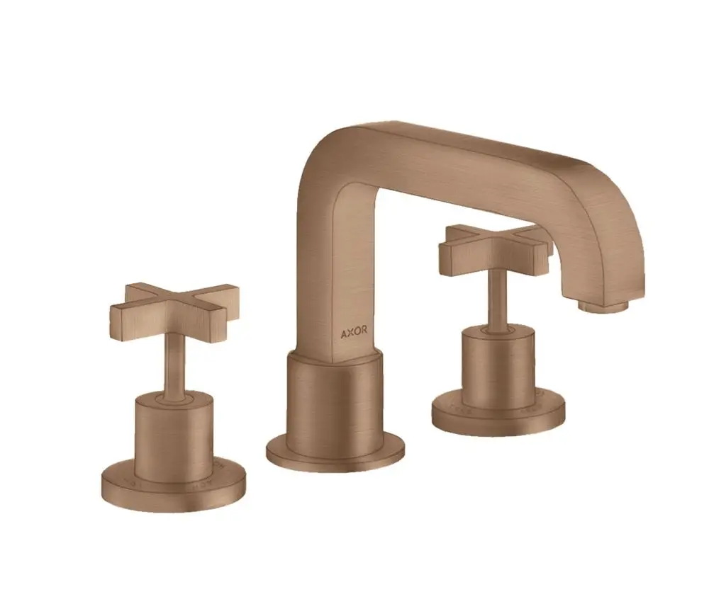 Drei-Loch-Wannenrandarmatur in gebürstetem Rotgold mit Kreuzgriffen, hergestellt von AXOR, zeigt modernes Design und Funktionalität.
